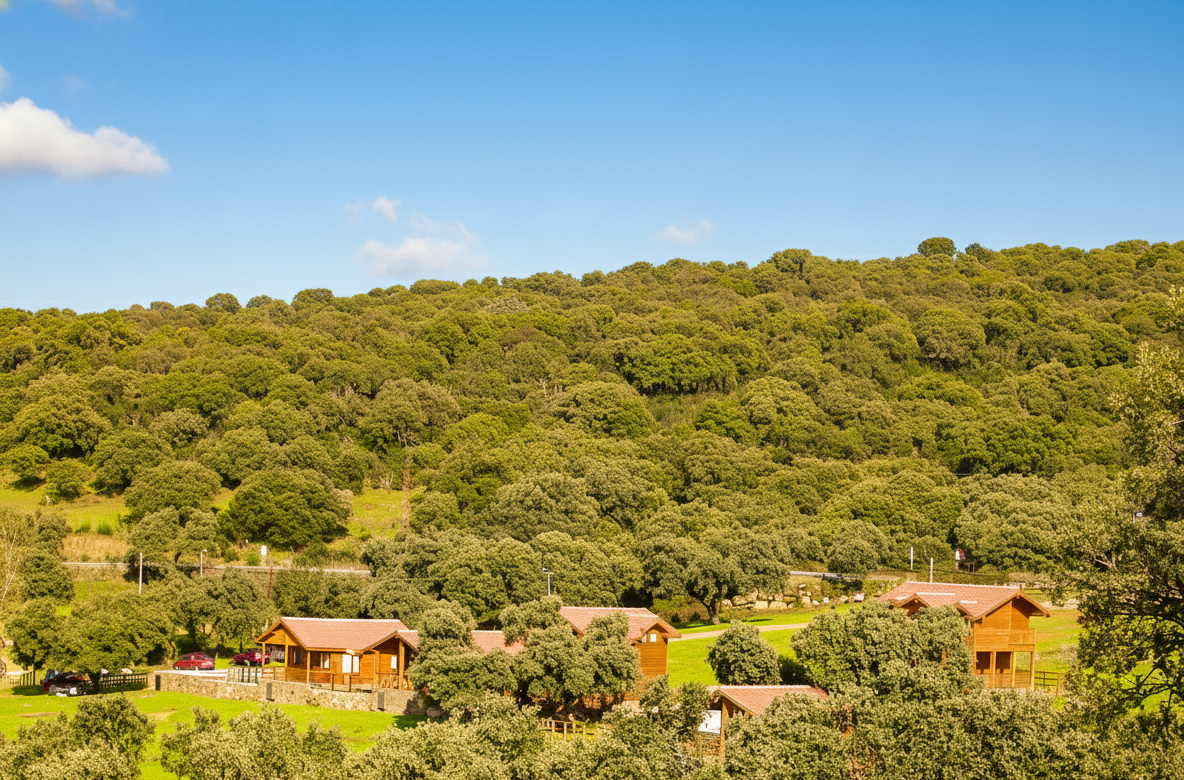Vista panorámica de las cabañas de madera del Complejo Los Jarales