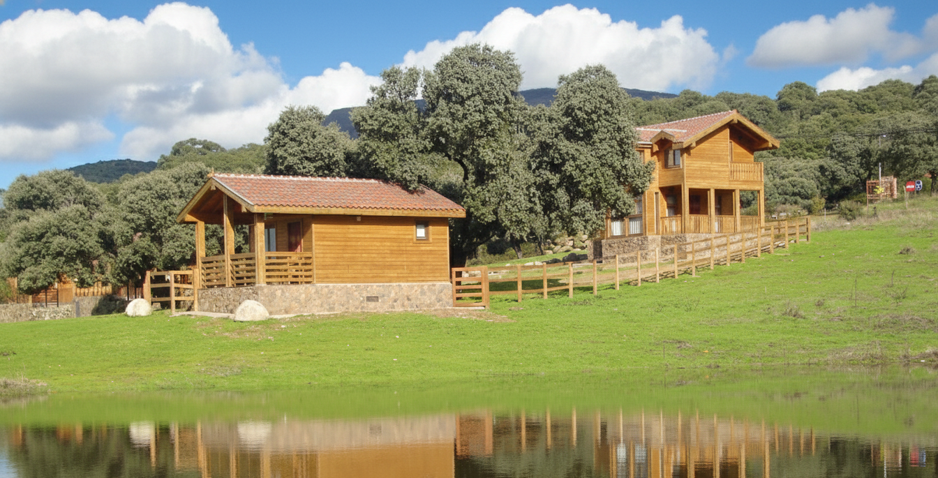 Vista de las casas principales de madera, Casa 1 y Casa 2.
