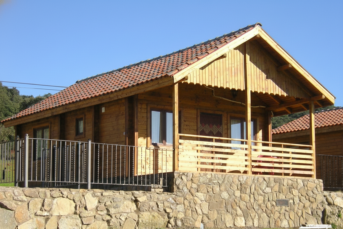 Vista de la Cabaña Casa 5, individual con porche y vistas a la sierra.