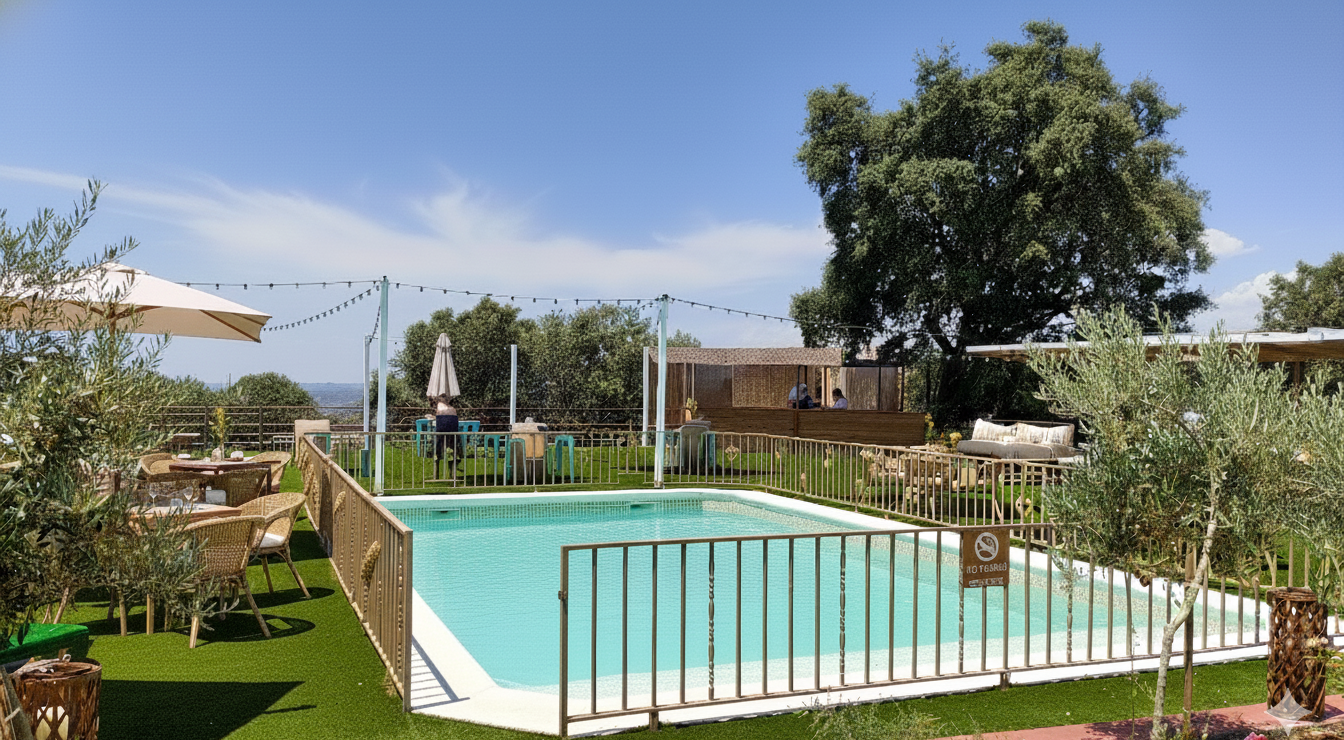 Zona de piscina exterior con mobiliario de jardín